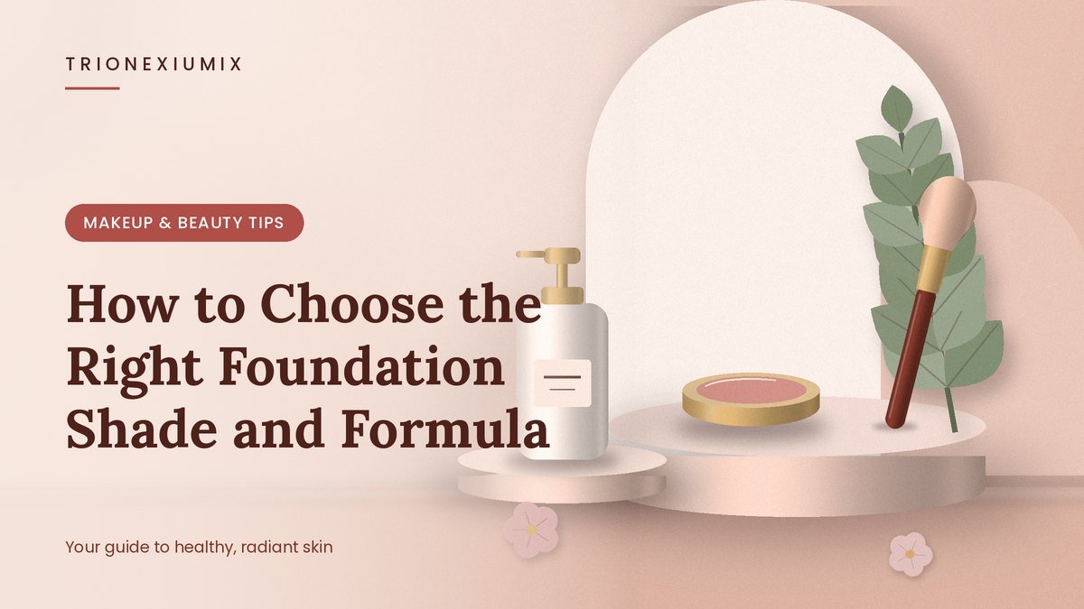 Powder compact, makeup brush and pump bottle on a rose-nude podium with flowers