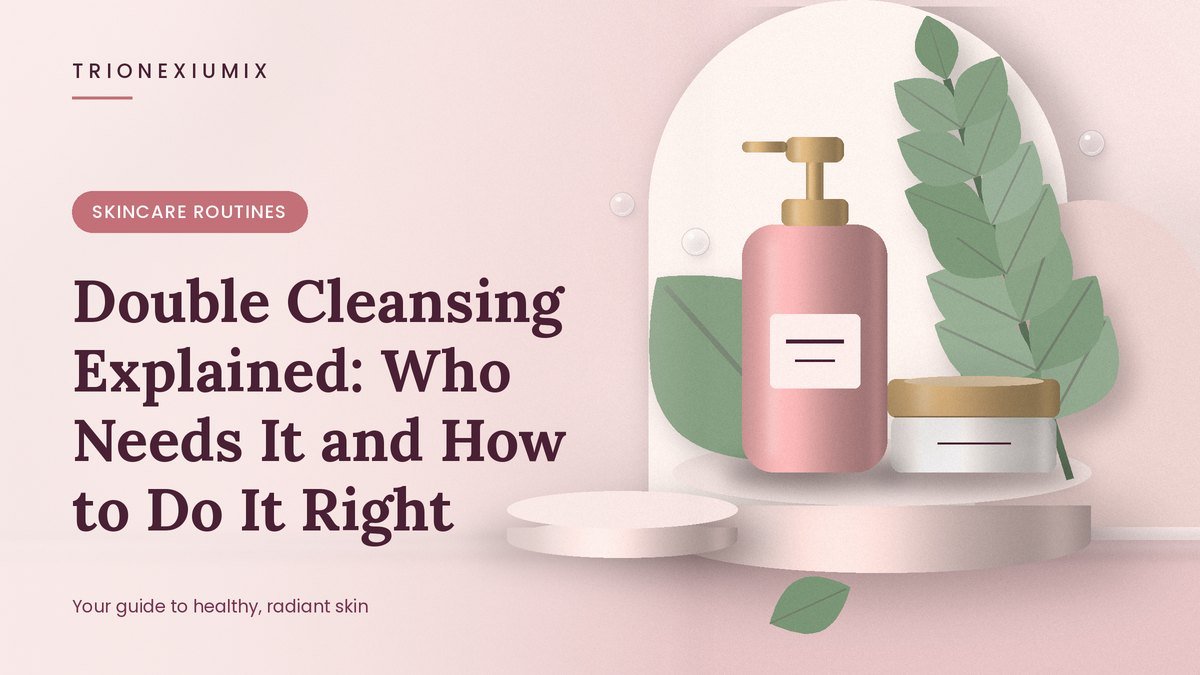 Pump bottle and cream jar on a blush-pink podium with water droplets and green leaves