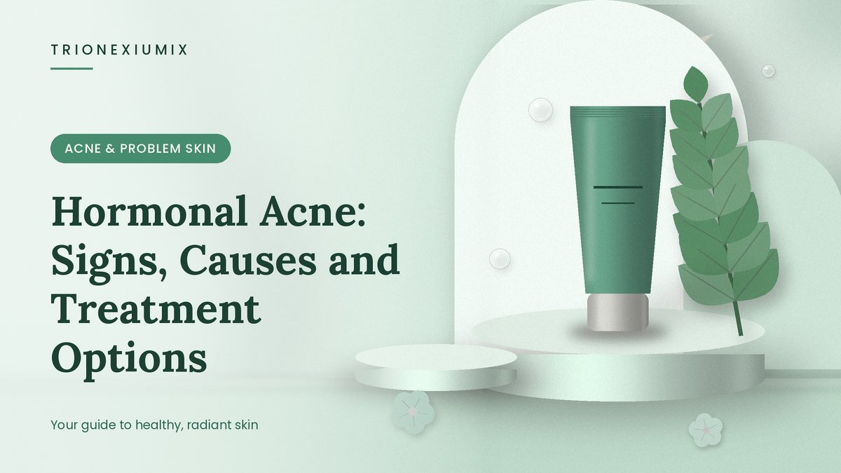 Skincare tube on a mint-green podium with flowers, a crescent moon and water droplets