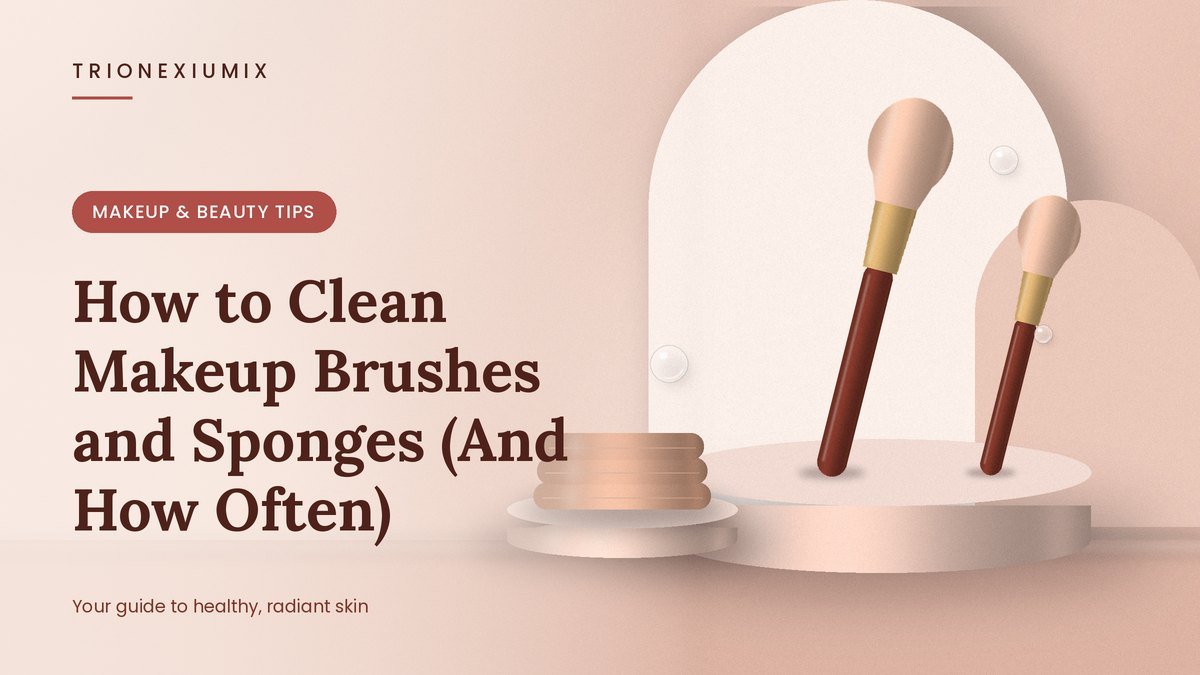 Makeup brush and stack of towels on a rose-nude podium with water droplets