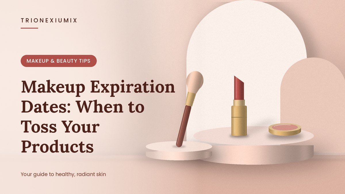Lipstick, powder compact, makeup brush and skincare tube on a rose-nude podium