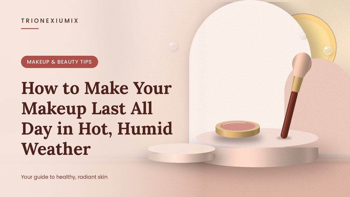 Powder compact and makeup brush on a rose-nude podium with a glowing sun and water droplets