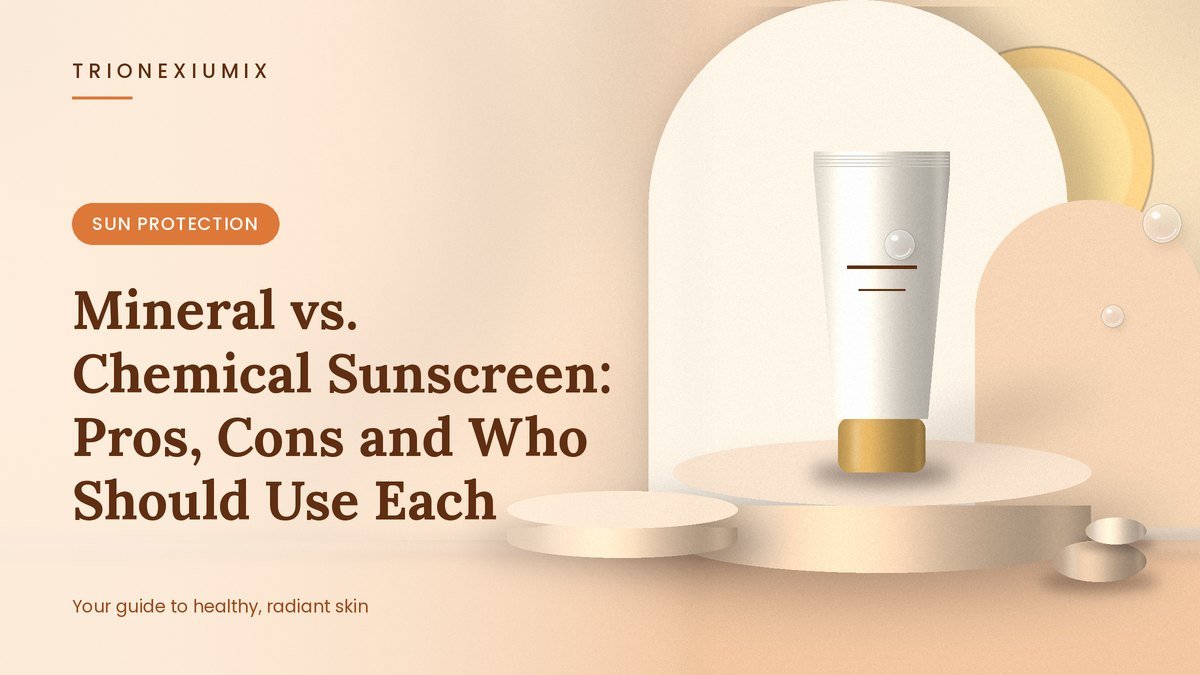Skincare tube on a peach podium with a glowing sun, smooth stones and water droplets