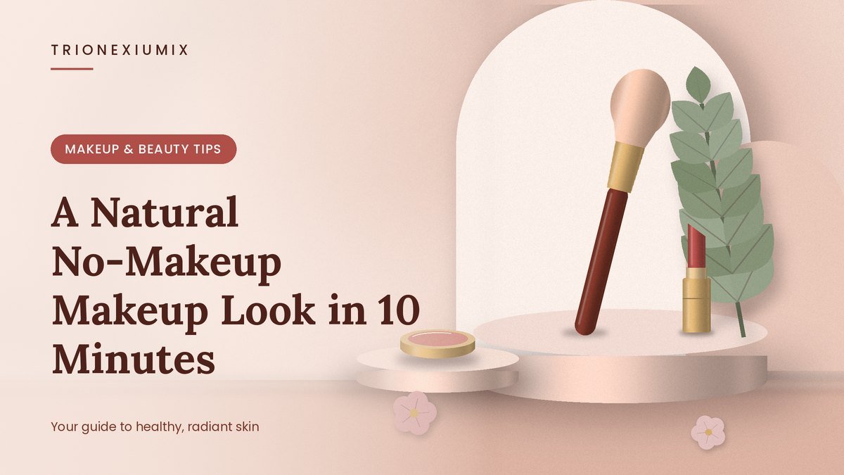 Makeup brush, lipstick and powder compact on a rose-nude podium with flowers