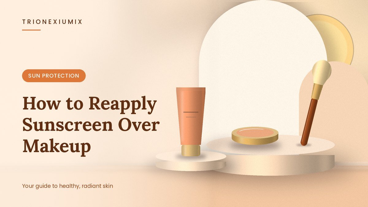 Powder compact, makeup brush and skincare tube on a peach podium with a glowing sun