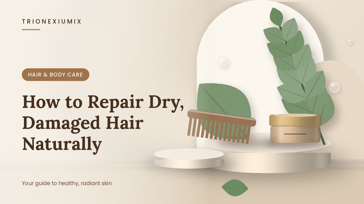 Wide-tooth comb and cream jar on a sand-beige podium with green leaves and water droplets