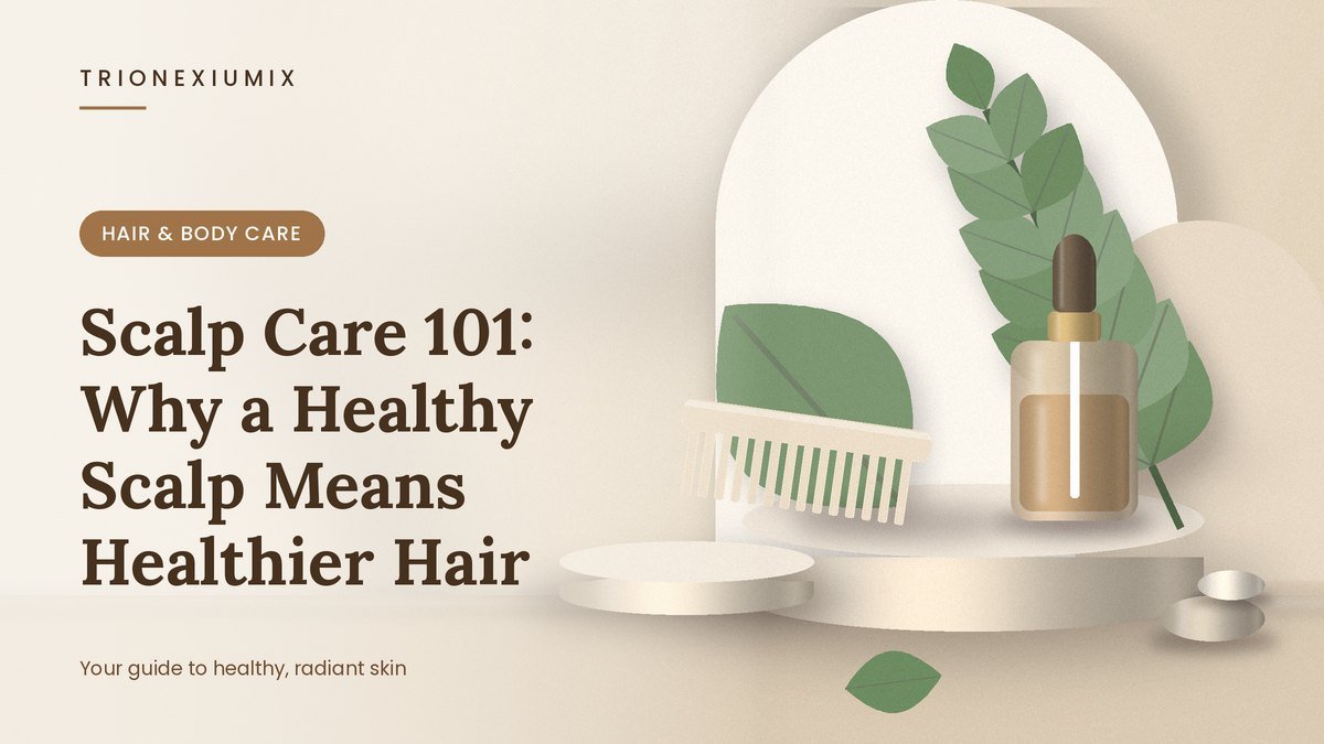 Wide-tooth comb and serum dropper bottle on a sand-beige podium with green leaves and smooth stones