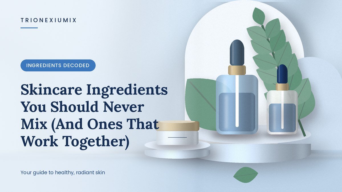 Serum dropper bottle and cream jar on a sky-blue podium with green leaves