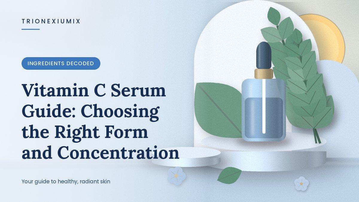 Serum dropper bottle on a sky-blue podium with flowers, a glowing sun and green leaves