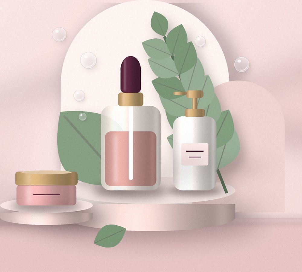 Skincare serum, pump bottle and cream jar arranged on a blush-pink podium with green leaves